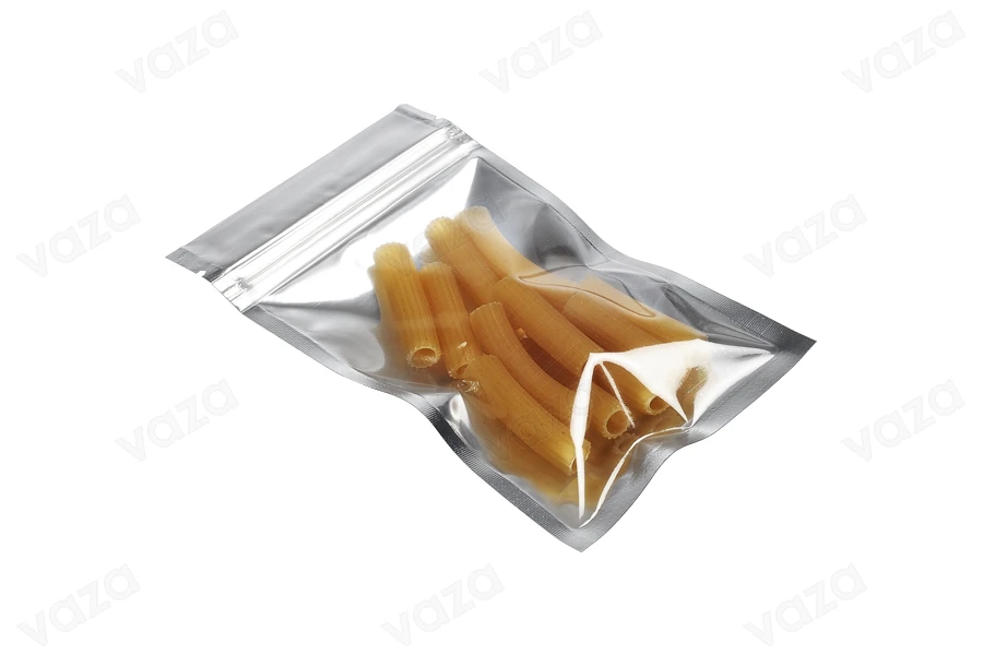 Sacchetti in alluminio con chiusura a zip 85 x 140 mm, lato frontale trasparente e possibilità di termosaldatura - 100 pz-gruppo_immagini