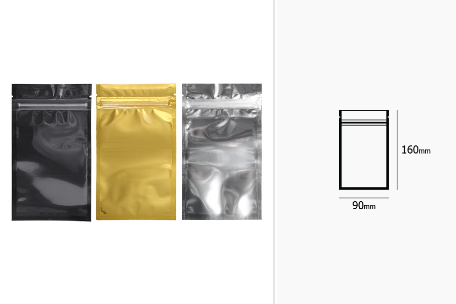 Sachets en aluminium avec fermeture éclair 90 x 160 mm, face avant transparente et possibilité de thermoscellage - 100 pcs