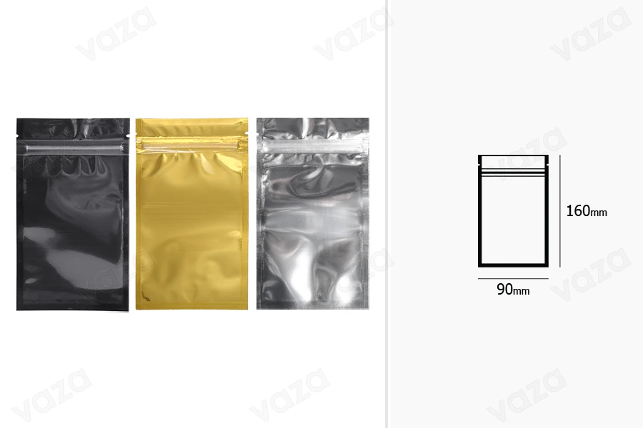 Sacchetti in alluminio con chiusura a zip 90 x 160 mm, lato frontale trasparente e possibilità di termosaldatura - 100 pz-dimensioni_immagine