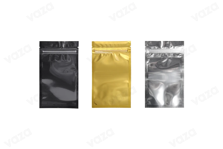 Sacchetti in alluminio con chiusura a zip 90 x 160 mm, lato frontale trasparente e possibilità di termosaldatura - 100 pz-immagine_prodotto