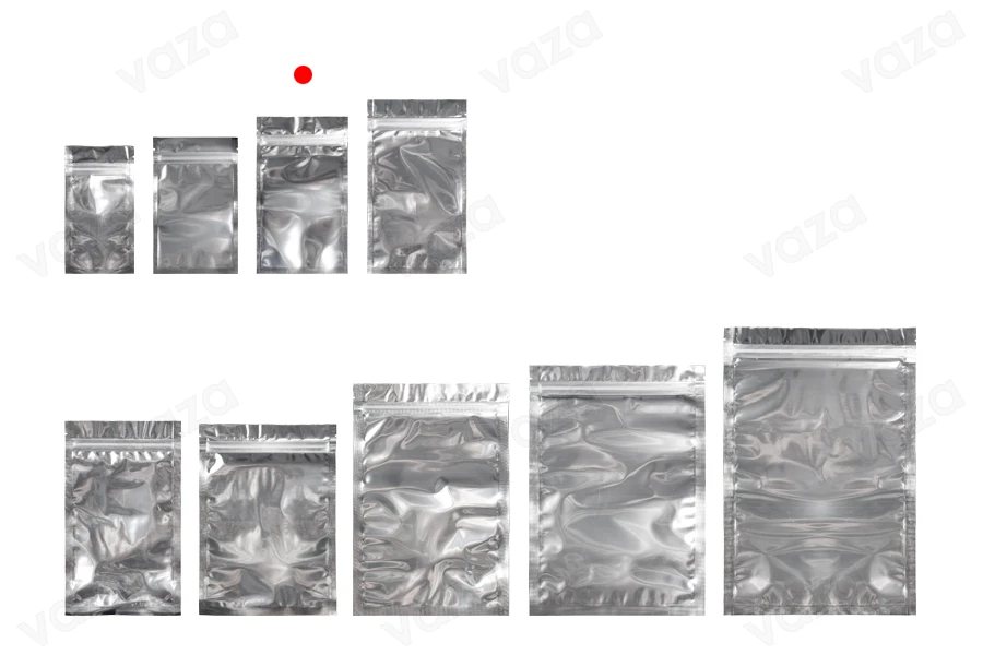 Sacchetti in alluminio con chiusura a zip 90 x 160 mm, lato frontale trasparente e possibilità di termosaldatura - 100 pz-gruppo_immagini