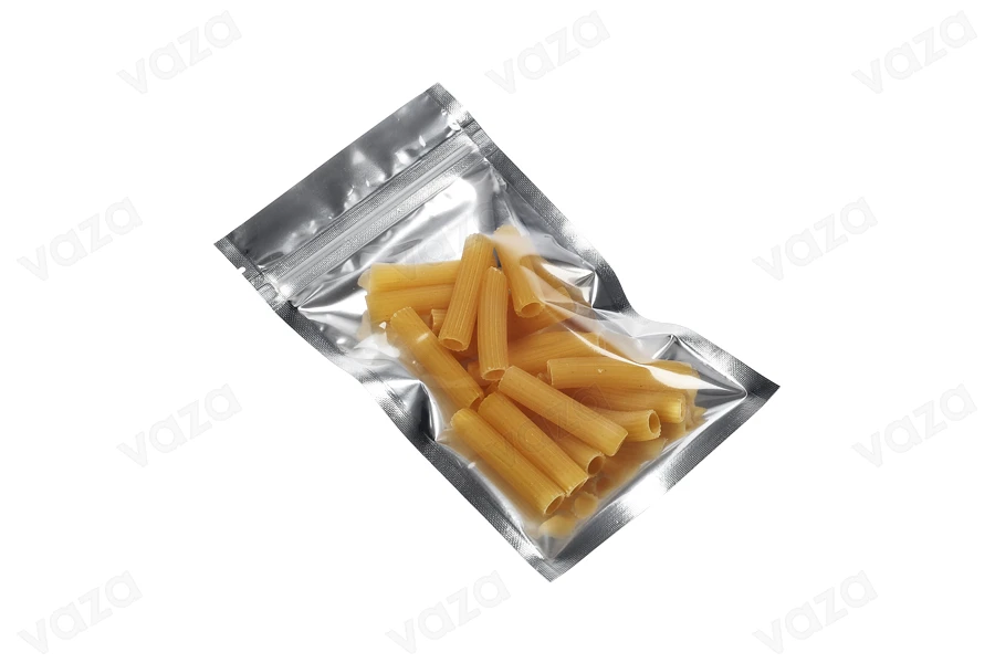 Sacchetti in alluminio con chiusura a zip 90 x 160 mm, lato frontale trasparente e possibilità di termosaldatura - 100 pz-gruppo_immagini