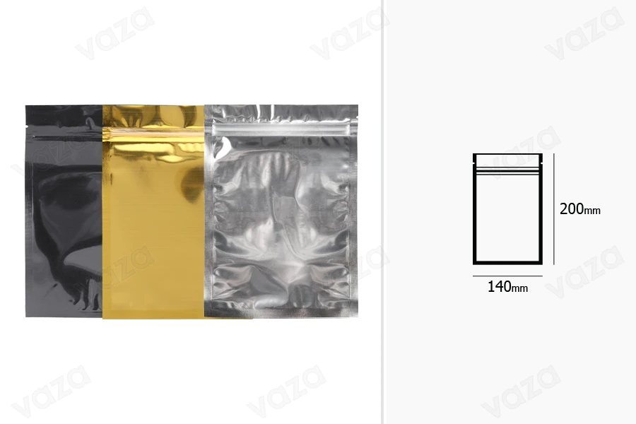 Σακουλάκια αλουμινίου με κλείσιμο "zip" 140x200 mm, διάφανη μπροστά πλευρά και δυνατότητα σφράγισης με θερμοκόλληση - 100 τμχ-εικόνα_διαστάσεις