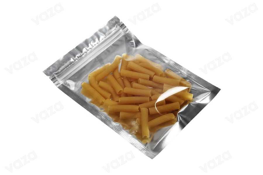 Σακουλάκια αλουμινίου με κλείσιμο "zip" 140x200 mm, διάφανη μπροστά πλευρά και δυνατότητα σφράγισης με θερμοκόλληση - 100 τμχ-εικόνα_σύνθεση