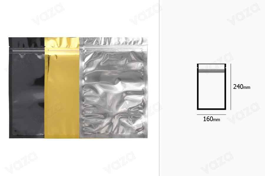 Σακουλάκια αλουμινίου με κλείσιμο "zip" 160x240 mm, διάφανη μπροστά πλευρά και δυνατότητα σφράγισης με θερμοκόλληση - 100 τμχ-εικόνα_διαστάσεις