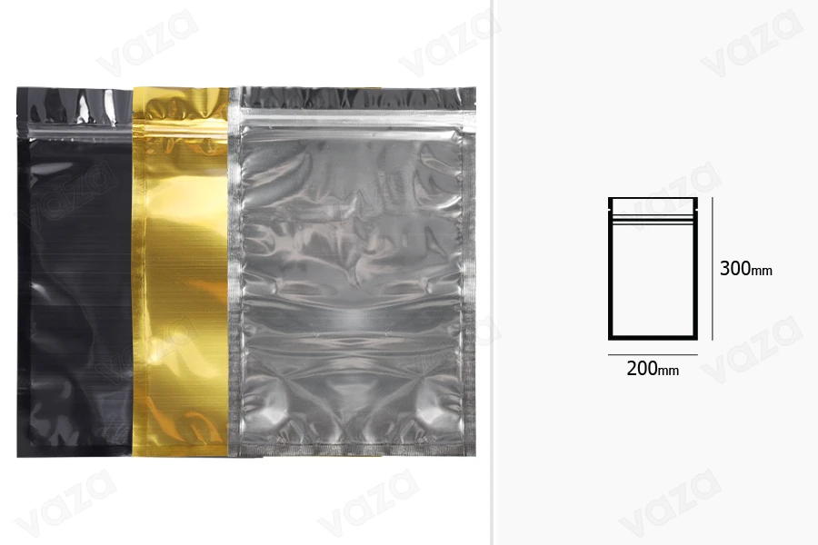 Heat sealable aluminum zip lock pouch with transparent front side in size 200x300 mm - 100 pcs Heat sealable aluminum zip lock pouch with transparent front side in size 200x300 mm - 100 pcs-image_dimensions