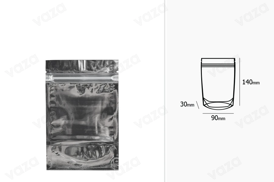 Σακουλάκια τύπου Doy Pack 90x30x140 mm αλουμινίου πίσω πλευρά, διάφανο μπροστά με κλείσιμο "zip" και δυνατότητα σφράγισης με θερμοκόλληση - 100 τμχ Σακουλάκια τύπου Doy Pack 90x30x140 mm αλουμινίου πίσω πλευρά, διάφανο μπροστά με κλείσιμο "zip" και δυνατότητα σφράγισης με θερμοκόλληση - 100 τμχ-εικόνα_διαστάσεις