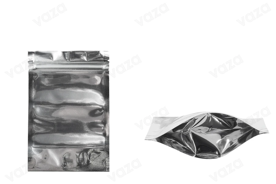 Sacchetti tipo Doy Pack 100x30x150 mm retro in alluminio, fronte trasparente con chiusura a zip e capacità di saldatura con termosaldatura - 100 pz Sacchetti tipo Doy Pack 100x30x150 mm retro in alluminio, fronte trasparente con chiusura a zip e capacità di saldatura con termosaldatura - 100 pz-immagine_prodotto