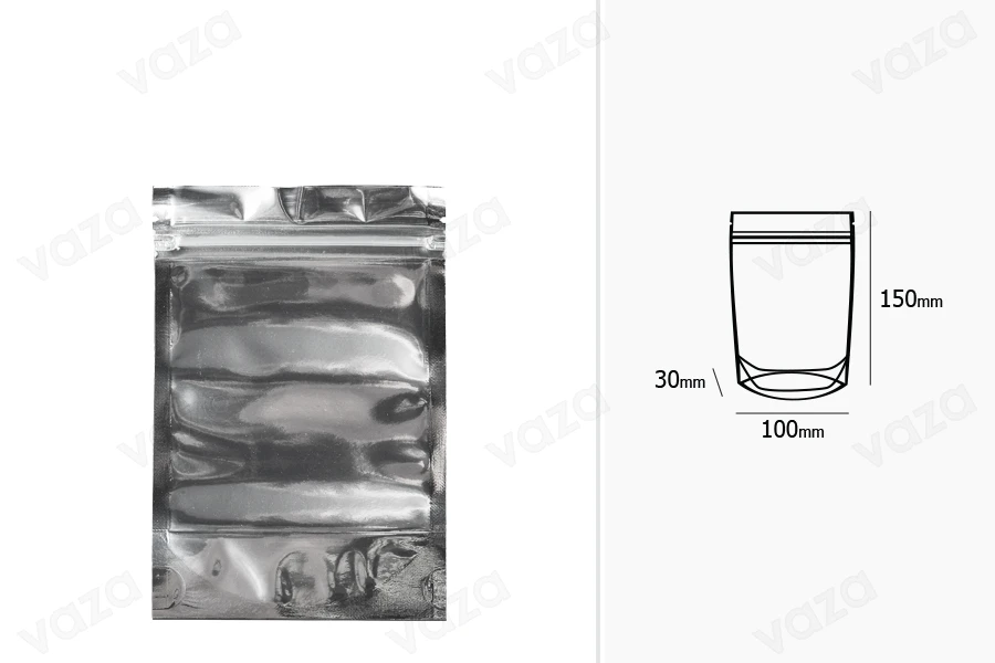 Sacchetti tipo Doy Pack 100x30x150 mm retro in alluminio, fronte trasparente con chiusura a zip e capacità di saldatura con termosaldatura - 100 pz Sacchetti tipo Doy Pack 100x30x150 mm retro in alluminio, fronte trasparente con chiusura a zip e capacità di saldatura con termosaldatura - 100 pz-dimensioni_immagine