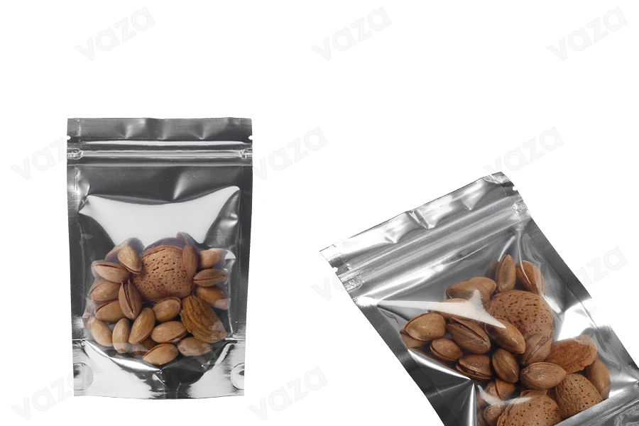 Sacchetti tipo Doy Pack 100x30x150 mm retro in alluminio, fronte trasparente con chiusura a zip e capacità di saldatura con termosaldatura - 100 pz Sacchetti tipo Doy Pack 100x30x150 mm retro in alluminio, fronte trasparente con chiusura a zip e capacità di saldatura con termosaldatura - 100 pz-gruppo_immagini