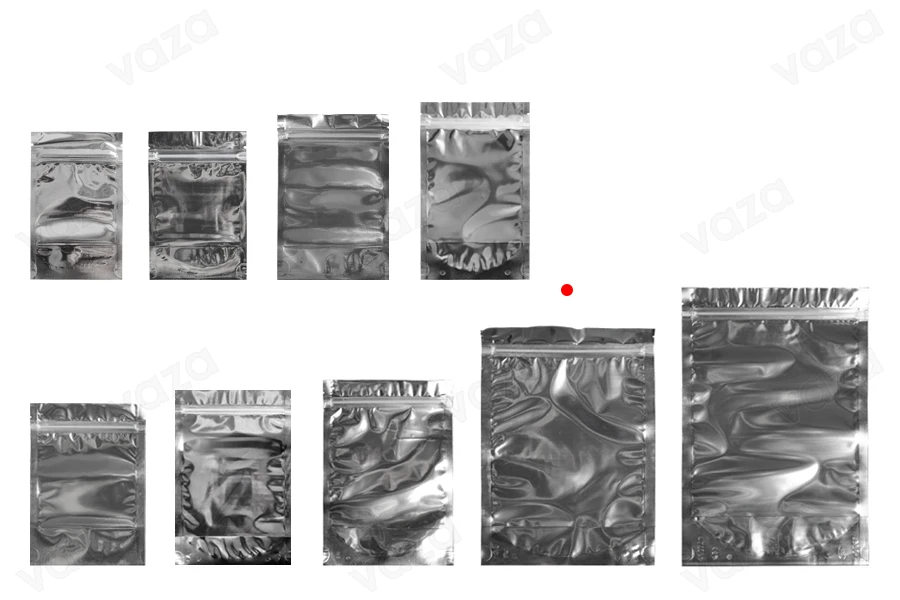 Sacchetti tipo Doy Pack 180x40x250 mm retro in alluminio, fronte trasparente con chiusura a zip e capacità di saldatura con termosaldatura - 100 pz-εικόνα_σύνθεση
