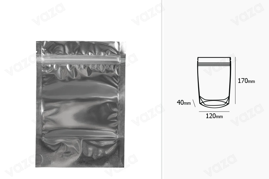 Σακουλάκια τύπου Doy Pack 120x40x170 mm αλουμινίου πίσω πλευρά, διάφανο μπροστά με κλείσιμο "zip" και δυνατότητα σφράγισης με θερμοκόλληση - 100 τμχ-εικόνα_διαστάσεις