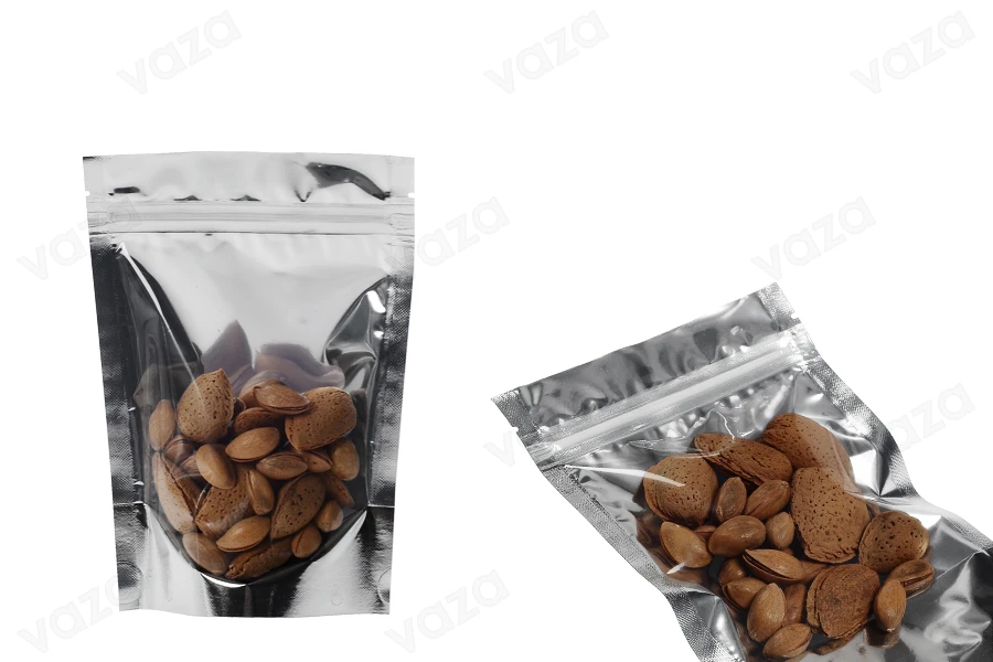 Σακουλάκια τύπου Doy Pack 120x40x170 mm αλουμινίου πίσω πλευρά, διάφανο μπροστά με κλείσιμο "zip" και δυνατότητα σφράγισης με θερμοκόλληση - 100 τμχ-εικόνα_σύνθεση