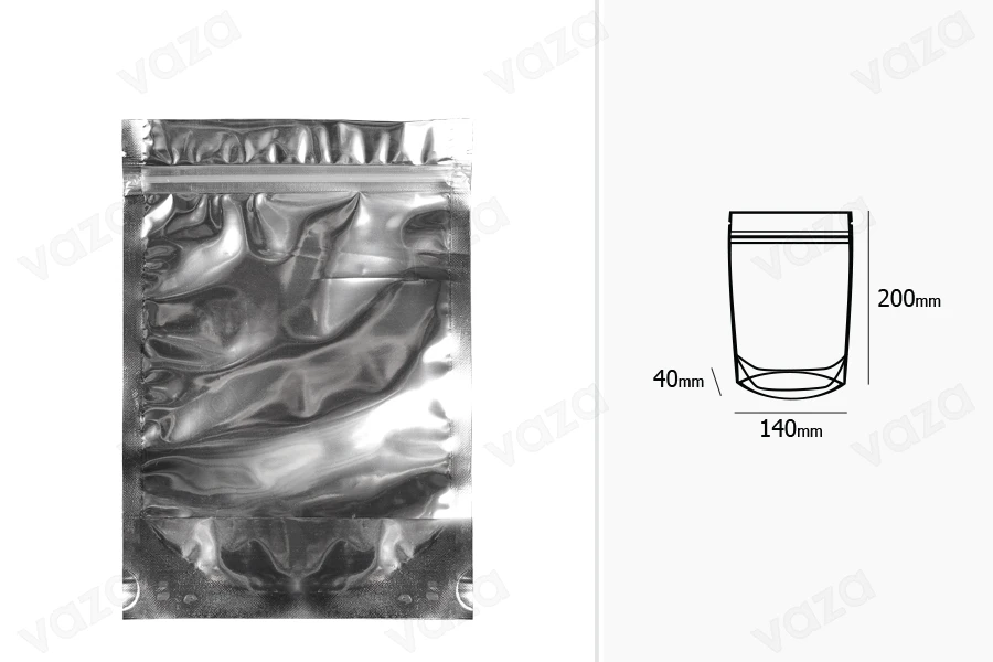 Σακουλάκια τύπου Doy Pack 140x40x200 mm αλουμινίου πίσω πλευρά, διάφανο μπροστά με κλείσιμο "zip" και δυνατότητα σφράγισης με θερμοκόλληση - 100 τμχ Σακουλάκια τύπου Doy Pack 140x40x200 mm αλουμινίου πίσω πλευρά, διάφανο μπροστά με κλείσιμο "zip" και δυνατότητα σφράγισης με θερμοκόλληση - 100 τμχ-εικόνα_διαστάσεις