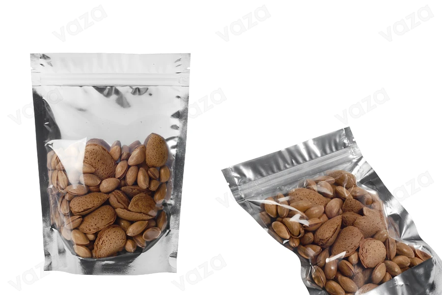 Σακουλάκια τύπου Doy Pack 140x40x200 mm αλουμινίου πίσω πλευρά, διάφανο μπροστά με κλείσιμο "zip" και δυνατότητα σφράγισης με θερμοκόλληση - 100 τμχ Σακουλάκια τύπου Doy Pack 140x40x200 mm αλουμινίου πίσω πλευρά, διάφανο μπροστά με κλείσιμο "zip" και δυνατότητα σφράγισης με θερμοκόλληση - 100 τμχ-εικόνα_σύνθεση