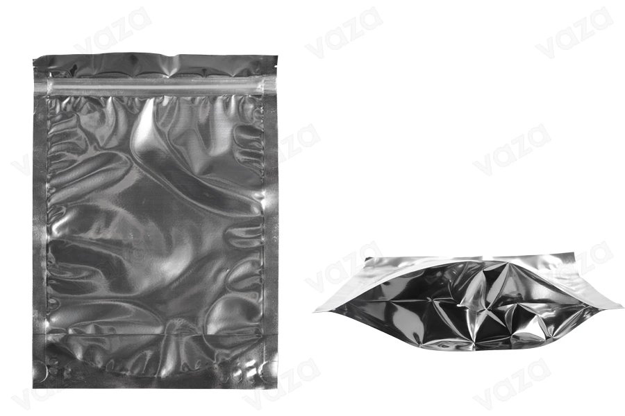 Sacchetti tipo Doy Pack 180x40x250 mm retro in alluminio, fronte trasparente con chiusura a zip e capacità di saldatura con termosaldatura - 100 pz-εικόνα_προϊοντική