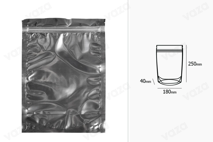 Sacchetti tipo Doy Pack 180x40x250 mm retro in alluminio, fronte trasparente con chiusura a zip e capacità di saldatura con termosaldatura - 100 pz-εικόνα_διαστάσεις