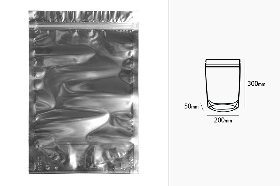 Σακουλάκια τύπου Doy Pack 200x50x300 mm αλουμινίου πίσω πλευρά, διάφανο μπροστά με κλείσιμο "zip" και δυνατότητα σφράγισης με θερμοκόλληση - 100 τμχ
