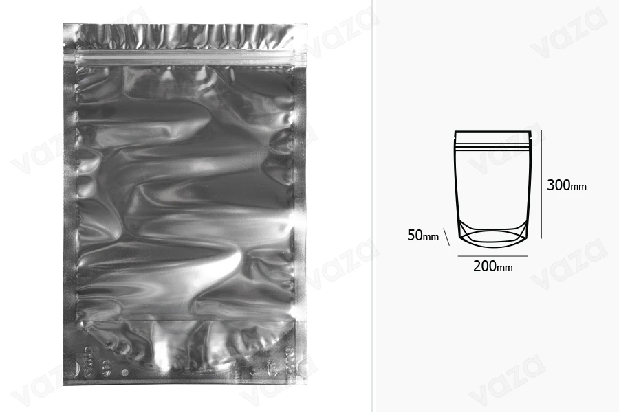 Σακουλάκια τύπου Doy Pack 200x50x300 mm αλουμινίου πίσω πλευρά, διάφανο μπροστά με κλείσιμο "zip" και δυνατότητα σφράγισης με θερμοκόλληση - 100 τμχ Σακουλάκια τύπου Doy Pack 200x50x300 mm αλουμινίου πίσω πλευρά, διάφανο μπροστά με κλείσιμο "zip" και δυνατότητα σφράγισης με θερμοκόλληση - 100 τμχ-εικόνα_διαστάσεις