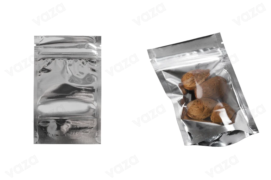 Σακουλάκια τύπου Doy Pack 80x30x130 mm αλουμινίου πίσω πλευρά, διάφανο μπροστά με κλείσιμο "zip" και δυνατότητα σφράγισης με θερμοκόλληση - 100 τμχ-εικόνα_σύνθεση