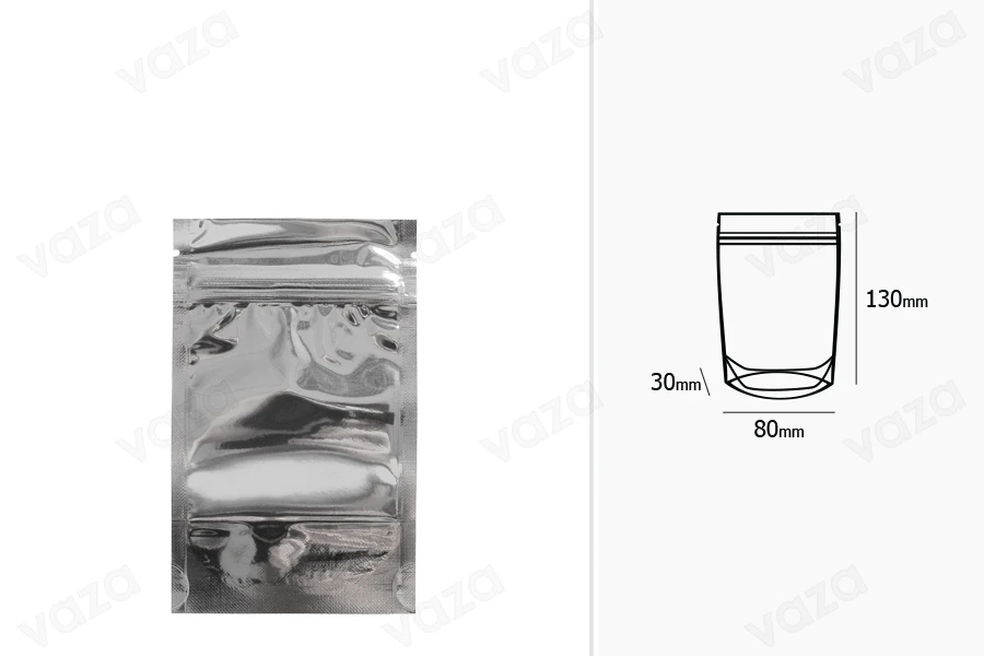 Σακουλάκια τύπου Doy Pack 80x30x130 mm αλουμινίου πίσω πλευρά, διάφανο μπροστά με κλείσιμο "zip" και δυνατότητα σφράγισης με θερμοκόλληση - 100 τμχ-εικόνα_διαστάσεις