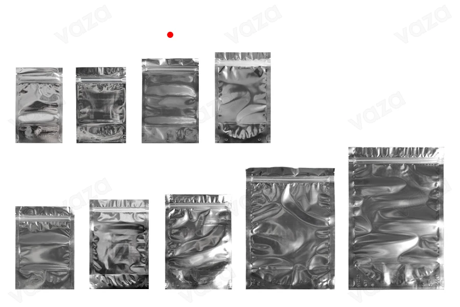Sacchetti tipo Doy Pack 100x30x150 mm retro in alluminio, fronte trasparente con chiusura a zip e capacità di saldatura con termosaldatura - 100 pz Sacchetti tipo Doy Pack 100x30x150 mm retro in alluminio, fronte trasparente con chiusura a zip e capacità di saldatura con termosaldatura - 100 pz-gruppo_immagini