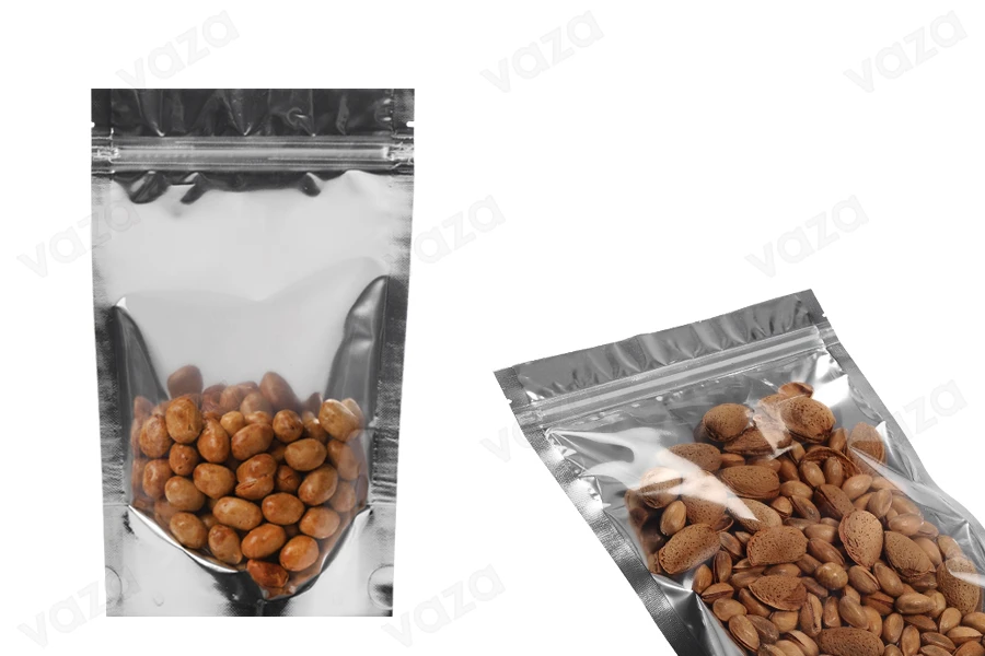 Σακουλάκια τύπου Doy Pack 120x30x200 mm αλουμινίου πίσω πλευρά, διάφανο μπροστά με κλείσιμο "zip" και δυνατότητα σφράγισης με θερμοκόλληση - 100 τμχ-εικόνα_σύνθεση