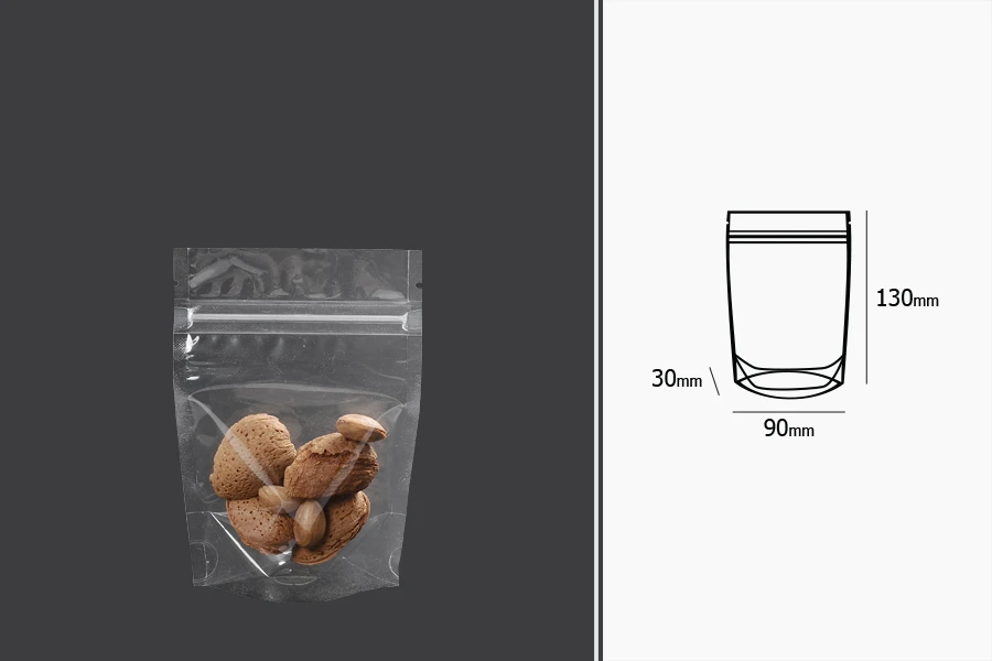 Sachets de type Doypack 90 x 30 x 130 mm transparents avec fermeture zip et possibilité de fermeture par thermoscellage - 100 pcs