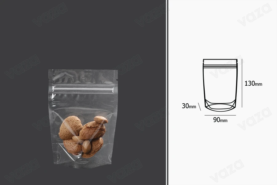 Σακουλάκια τύπου Doy Pack 90x30x130 mm διάφανα με κλείσιμο zip και δυνατότητα σφράγισης με θερμοκόλληση - 100 τμχ-εικόνα_διαστάσεις