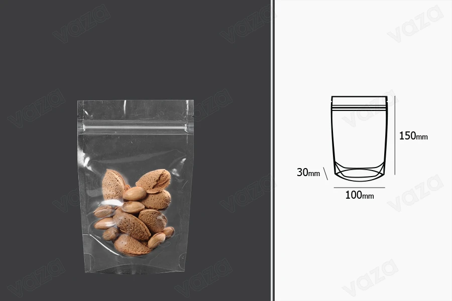 Σακουλάκια τύπου Doy Pack 100x30x150 mm διάφανα με κλείσιμο zip και δυνατότητα σφράγισης με θερμοκόλληση - 100 τμχ-εικόνα_διαστάσεις