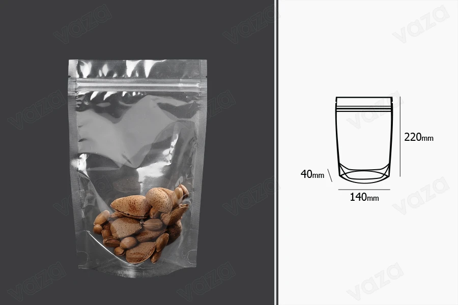 Sachets de type Doypack 140 x 40 x 220 mm transparents avec fermeture zip et possibilité de fermeture par thermoscellage - 100 pcs Sachets de type Doypack 140 x 40 x 220 mm transparents avec fermeture zip et possibilité de fermeture par thermoscellage - 100 pcs-εικόνα_διαστάσεις