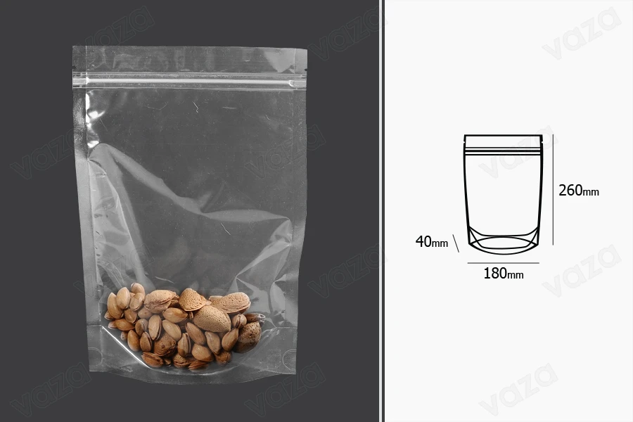 Sacchetti tipo Doy Pack 180x40x260 mm trasparenti con chiusura a zip e possibilità di sigillare con termosaldatura – 100 pz-dimensioni_immagine