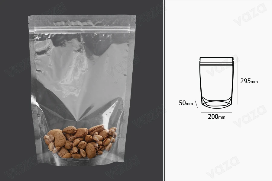 Σακουλάκια τύπου Doy Pack 200x50x295 mm διάφανα με κλείσιμο zip και δυνατότητα σφράγισης με θερμοκόλληση - 100 τμχ Σακουλάκια τύπου Doy Pack 200x50x295 mm διάφανα με κλείσιμο zip και δυνατότητα σφράγισης με θερμοκόλληση - 100 τμχ-εικόνα_διαστάσεις
