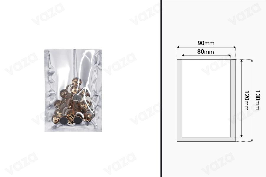 Σακουλάκια αλουμινίου 90x130 mm με δυνατότητα σφράγισης με θερμοκόλληση - 100 τμχ-εικόνα_διαστάσεις