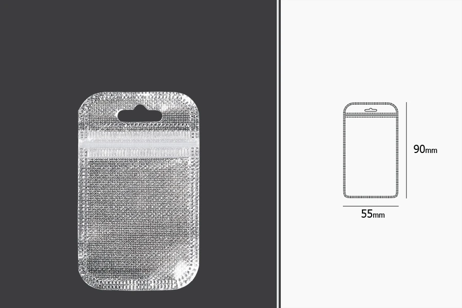 Sachets avec fermeture éclair 55 x 90 mm, dos argenté non tissé, face transparente et eurohole - 100 pcs Sachets avec fermeture éclair 55 x 90 mm, dos argenté non tissé, face transparente et eurohole - 100 pcs