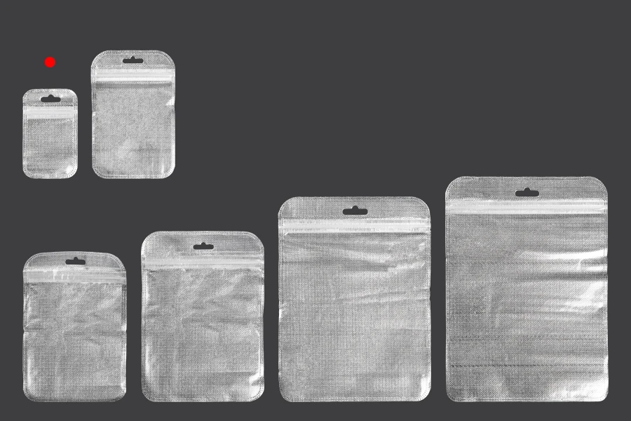 Sachets avec fermeture éclair 55 x 90 mm, dos argenté non tissé, face transparente et eurohole - 100 pcs Sachets avec fermeture éclair 55 x 90 mm, dos argenté non tissé, face transparente et eurohole - 100 pcs