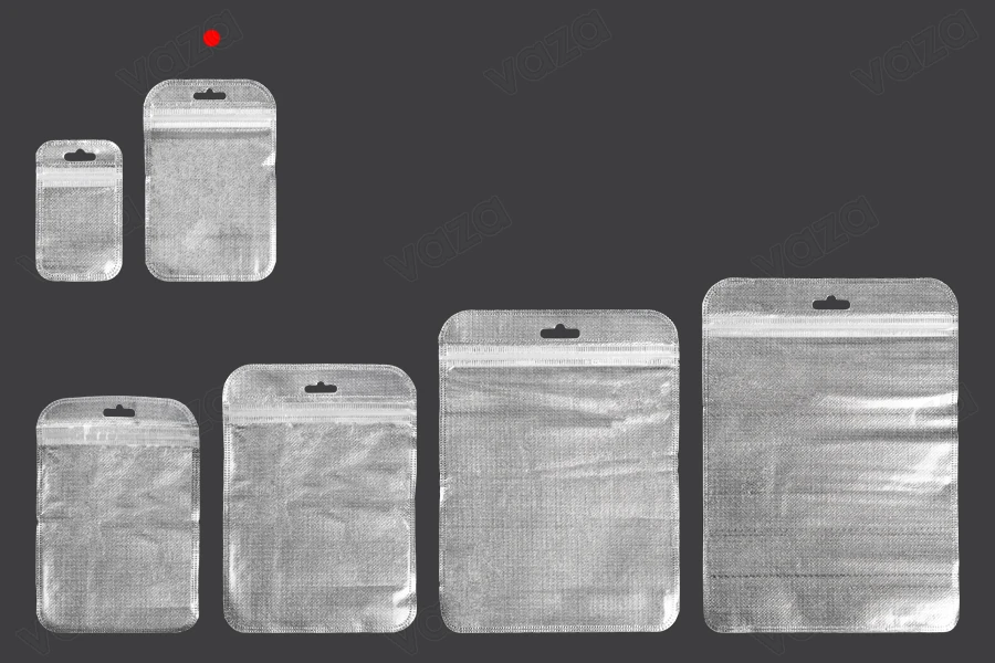 Non-woven zip lock bags with Eurohole, silver back side and transparent front side in size 85x130 mm - 100 pcs Non-woven zip lock bags with Eurohole, silver back side and transparent front side in size 85x130 mm - 100 pcs-image_group