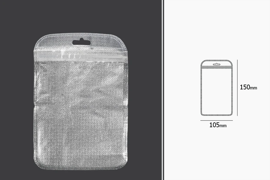 Sachets avec fermeture éclair 105 x 150 mm, dos argenté non tissé, face transparente et eurohole - 100 pcs
