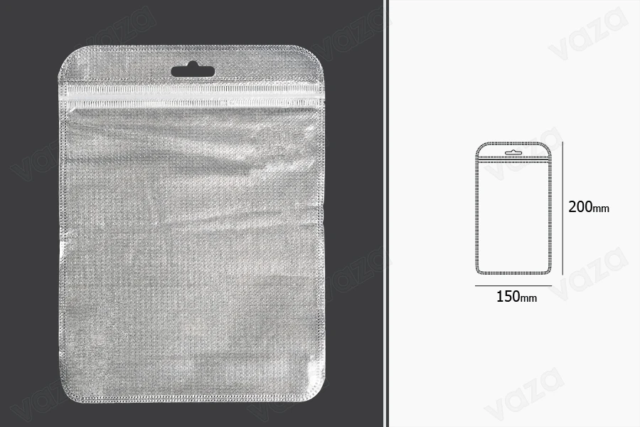 Non-woven zip lock bags with Eurohole, silver back side and transparent front side in size 150x200 mm - 100 pcs Non-woven zip lock bags with Eurohole, silver back side and transparent front side in size 150x200 mm - 100 pcs-image_dimensions