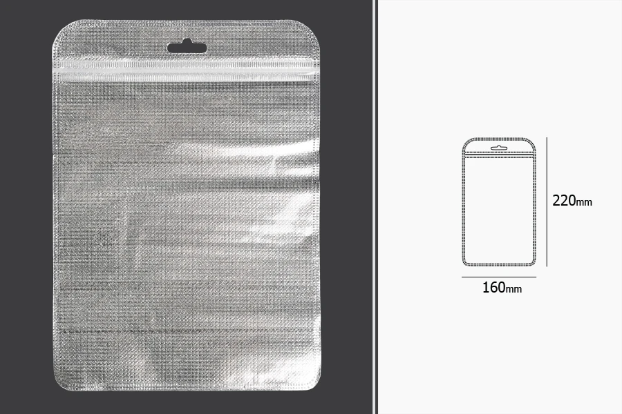 Sachets avec fermeture éclair 160 x 220 mm, dos argenté non tissé, face transparente et eurohole - 100 pcs Sachets avec fermeture éclair 160 x 220 mm, dos argenté non tissé, face transparente et eurohole - 100 pcs