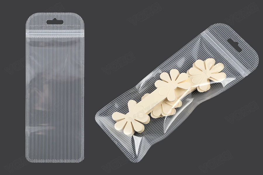 Σακουλάκια πλαστικά με κλείσιμο zip 85x220 mm ριγέ, διάφανα μπρος πίσω και τρύπα eurohole - 100 τμχ-εικόνα_σύνθεση