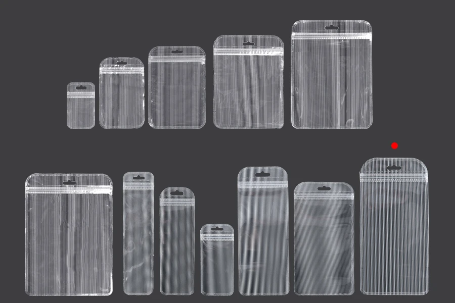 Plastikbeutel mit Reißverschluss 120x230 mm gestreift, transparente Vorder- und Rückseite und Euroloch - 100 Stk