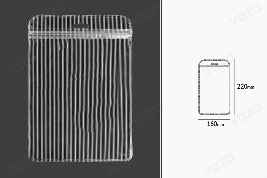 Qese plastike me mbyllje zip 160x220 mm me vija, transparente para dhe mbrapa dhe vrimë eurohole - 100 copë Qese plastike me mbyllje zip 160x220 mm me vija, transparente para dhe mbrapa dhe vrimë eurohole - 100 copë -εικόνα_διαστάσεις