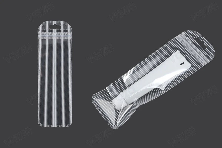 Σακουλάκια πλαστικά με κλείσιμο zip 60x185 mm ριγέ, διάφανα μπρος πίσω και τρύπα eurohole - 100 τμχ-εικόνα_σύνθεση