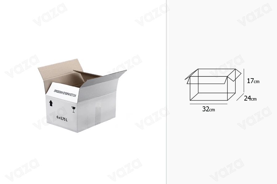 Karton 32x24x17 weiß 3-Blatt, für 6 Flaschen 700 ml oder 750ml - 25 Stück Karton 32x24x17 weiß 3-Blatt, für 6 Flaschen 700 ml oder 750ml - 25 Stück-εικόνα_διαστάσεις