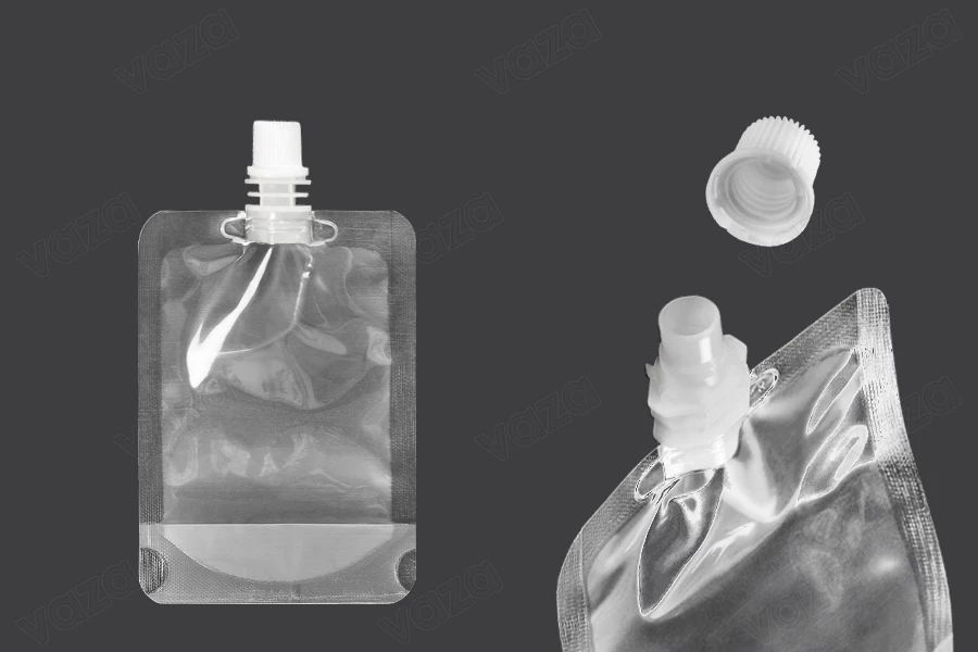 Συσκευασία (ασκός) τύπου Doy Pack διάφανη 100 ml με λευκό καπάκι ασφαλείας - 50 τμχ-εικόνα_προϊοντική