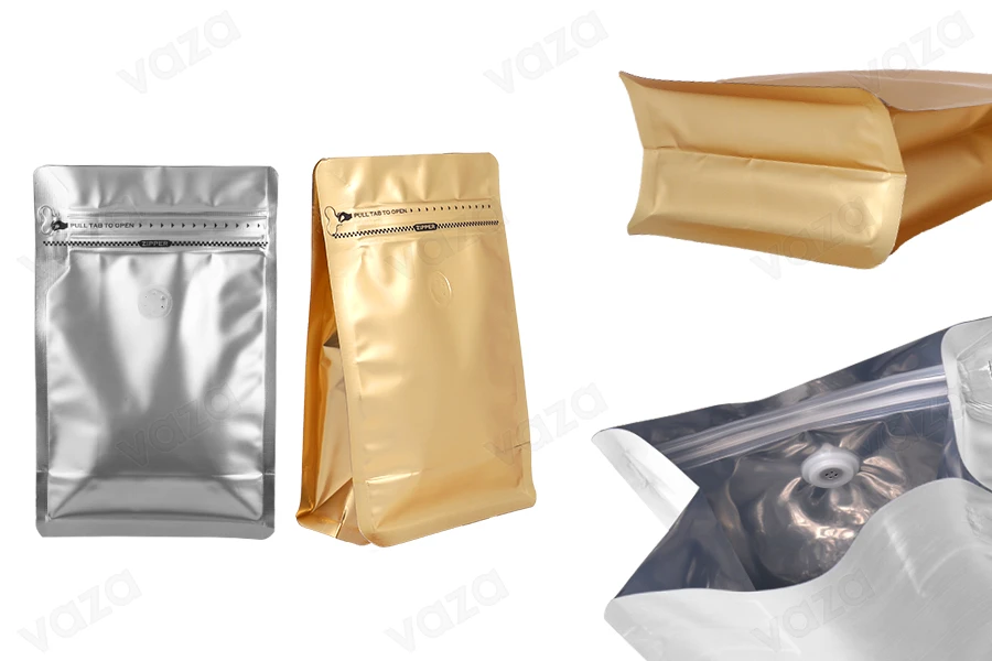 Qese alumini tip Doy Pack 130x70x200 mm, me valvul, mbyllje me ngjitje termike, hapje me shirit sigurie dhe përdorim të zip-it – 25 copë. Qese alumini tip Doy Pack 130x70x200 mm, me valvul, mbyllje me ngjitje termike, hapje me shirit sigurie dhe përdorim të zip-it – 25 copë.-imazh_produkt