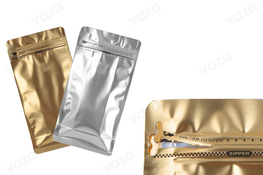 Aluminium-Doypack-Standbodenbeutel mit Ventil, Heißsiegelverschluss, Sicherheitsöffnungsband und Reißverschluss 135x75x265 mm - 25 Stk Aluminium-Doypack-Standbodenbeutel mit Ventil, Heißsiegelverschluss, Sicherheitsöffnungsband und Reißverschluss 135x75x265 mm - 25 Stk-εικόνα_σύνθεση