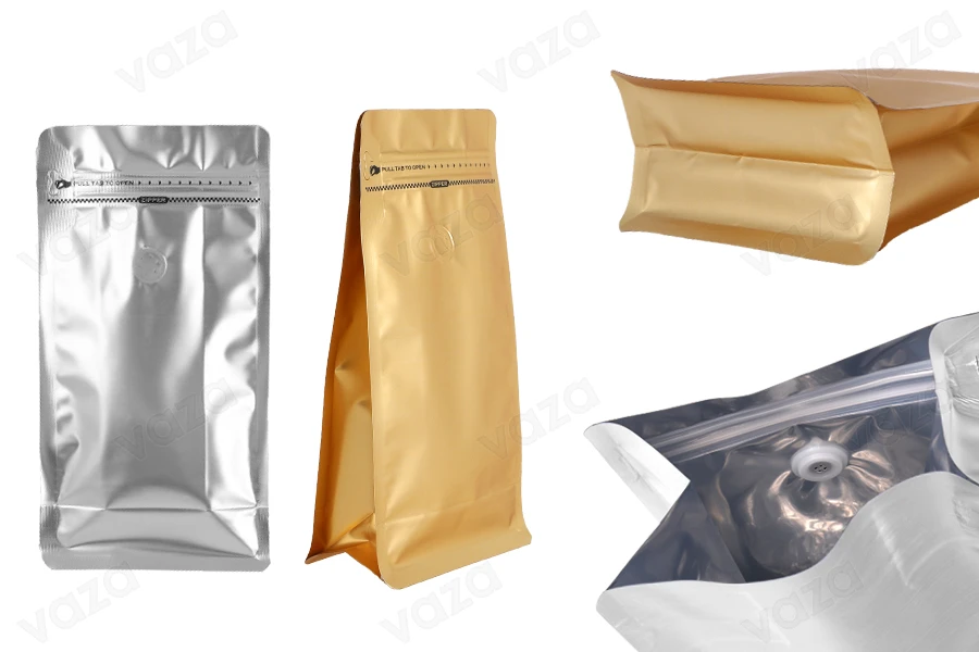 Aluminium-Doypack-Standbodenbeutel mit Ventil, Heißsiegelverschluss, Sicherheitsöffnungsband und Reißverschluss 135x75x265 mm - 25 Stk Aluminium-Doypack-Standbodenbeutel mit Ventil, Heißsiegelverschluss, Sicherheitsöffnungsband und Reißverschluss 135x75x265 mm - 25 Stk-εικόνα_προϊοντική