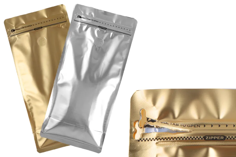 Σακουλάκια αλουμινίου τύπου Doy Pack 150x95x325 mm με βαλβίδα, κλείσιμο με θερμοκόλληση, άνοιγμα με ταινία ασφαλείας και χρήση του zipper - 25 τμχ Σακουλάκια αλουμινίου τύπου Doy Pack 150x95x325 mm με βαλβίδα, κλείσιμο με θερμοκόλληση, άνοιγμα με ταινία ασφαλείας και χρήση του zipper - 25 τμχ
